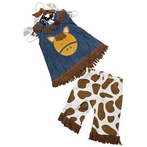 Mud Pie Baby Girl Western Horse Denim Tunic Cow Print Fringe Leggings Set 0-6M